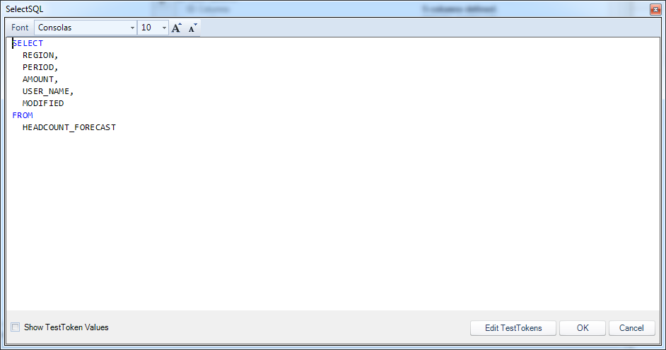 The SELECT query for the headcount forecast data