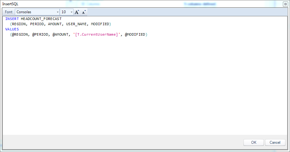 The query for inserting a new headcount forecast entry
