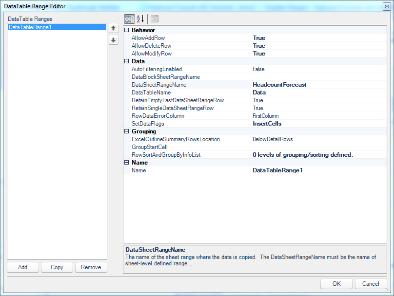 The DataTableRange Editor within the DataSet Range editor.